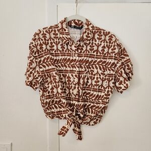 Zara Brown and White Button Down Shirt with Tie Front